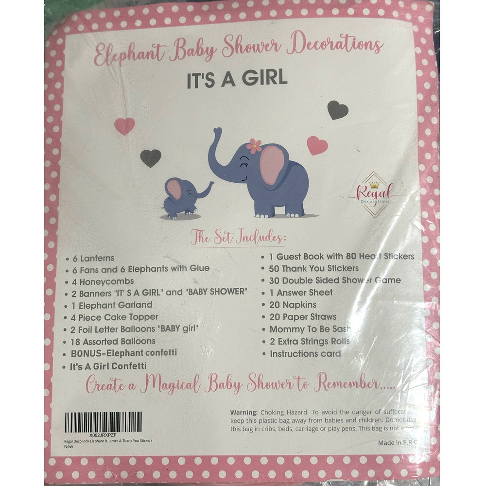 170 PC Elephant Baby Shower Decorations supplies IT'S A GIRL pink gray-Regal